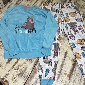 Nite Gear Womens Blue Fleece Let's Hibearnate Bear Owl Fox Pajamas Sleep Set S